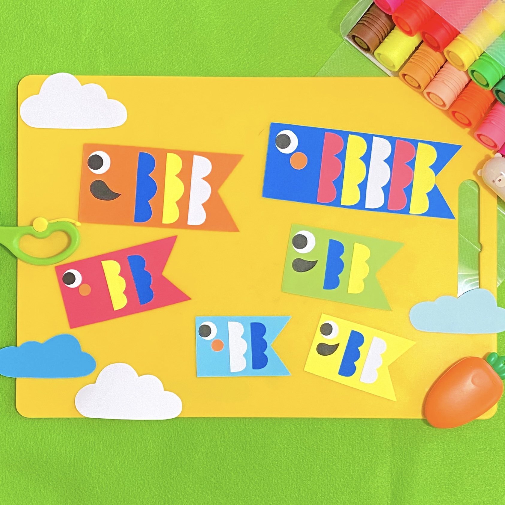 無料型紙ダウンロード 鯉のぼり・こどもの日パネルシアター・ペープサート・壁面イラストいちごドリル