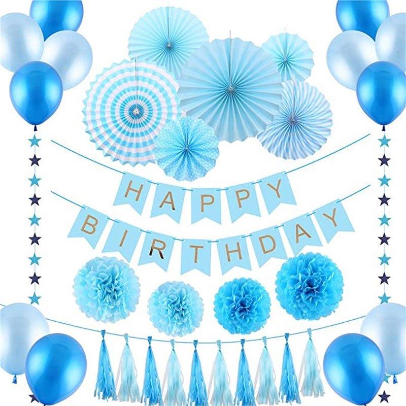 誕生日 飾り付け 水色系 ハッピーバースデー 風船 バルーンペーパーファンガーランド インスタ SNS 映え 撮影 プレゼント ポイント 消費288 : プリザーブドフラワーの花音 - 通販 - Yahoo!ショッピング