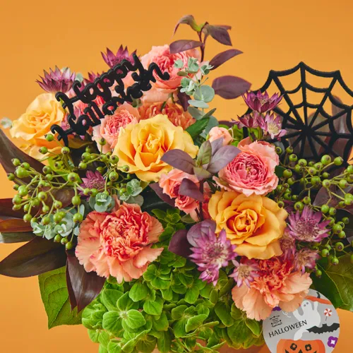 楽天市場 アウトレット 造花 漆黒のカーネーションとおばけカボチャのハロウィンの壁掛けアレンジ ハロウィン かぼちゃ パンプキン シルクフラワー 秋の アレンジ CT触媒 光触媒 フラワーアレンジ インテリア フラワーアレンジメント arg : シルクフラワーの山久