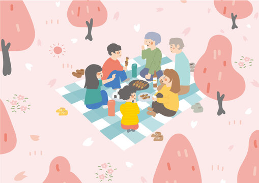 桜お花見をしながら宴会する子供のかわいい無料イラスト-春4142素材Good