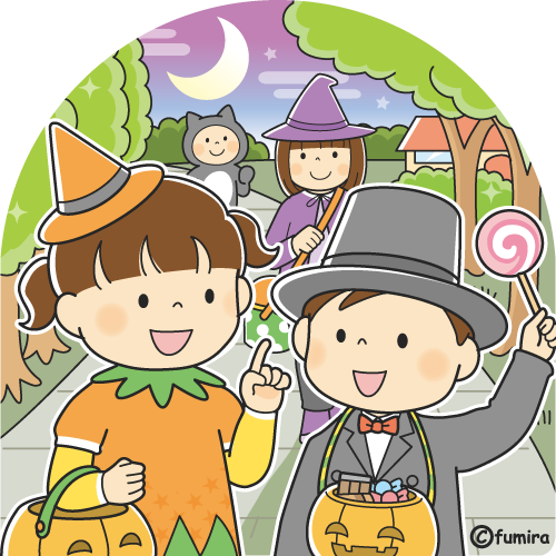 ハロウィンでお化けの仮装をしている子供たちの行列の無料 フリー イラストかわいい 手描きの無料素材「てがきっず」保育園・小学校・介護施設にぴったりのフリー素材イラスト