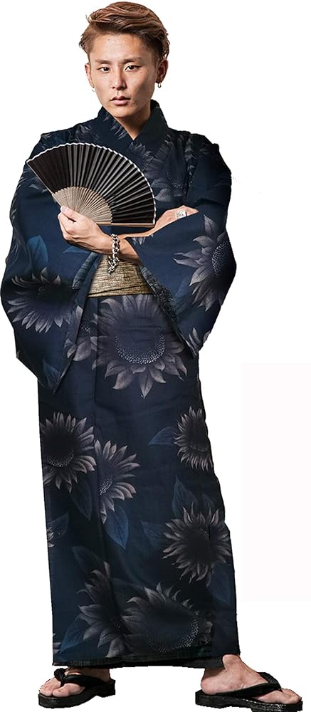 Amazon浴衣メンズ 男性 セット 帯 の2点セット レトロ 祭り お土産 イベント 花火大会 先染め しじら 5カラー 黒 紺 グレー日向葵 紺 M浴衣 通販