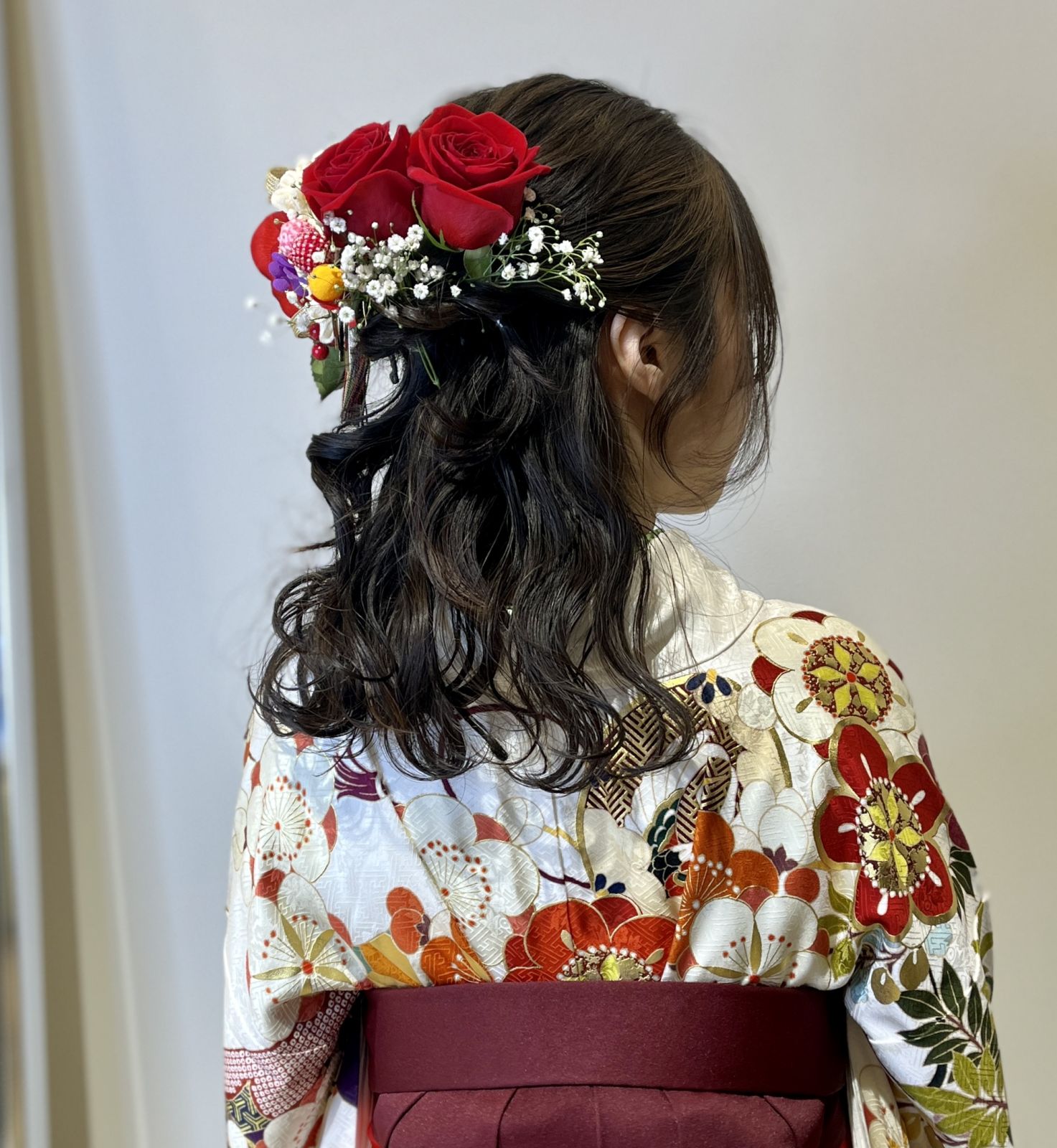 ボブ ミディアム成人式振袖リボン髪飾りS ツインお団子ヘアアレンジ 卒業式