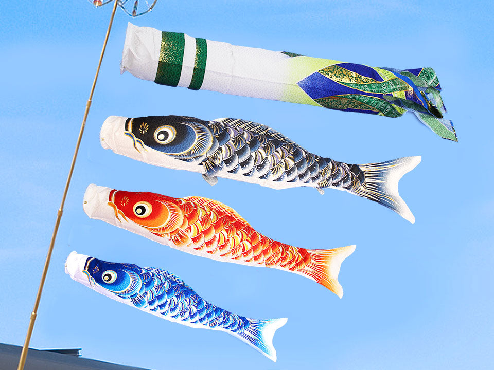 鯉のぼり 吹き流し 2024 新作 新品未使用 5月祝 5m 庭用鯉のぼり スパークル鯉セット 4m5ｍ6ｍ734415金箔で波柄を描いた五色吹流しにキラキラな鱗の豪華な鯉のぼり☆初節句職人手作りの 秀光人形工房 五月人形・鯉のぼり・おひなさま人形工房