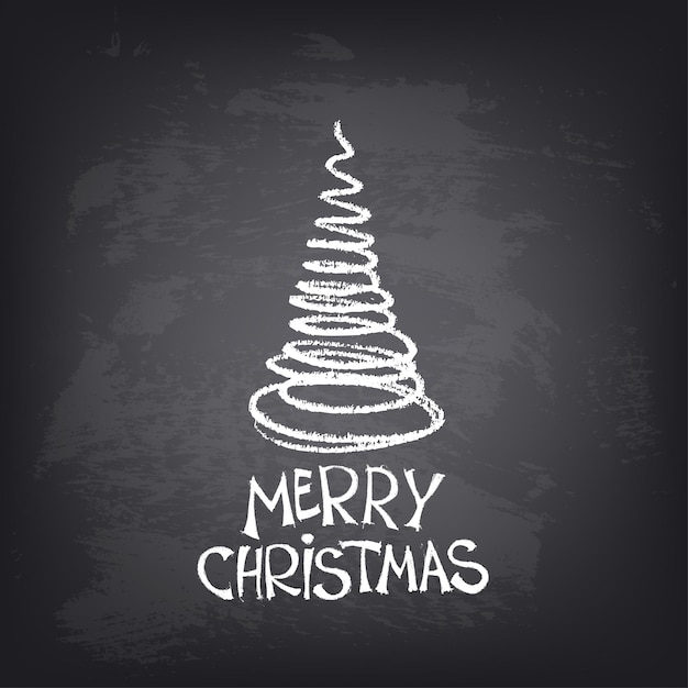 抽象的なベクトルイラスト。黒板に定型化された木と手描きのメリークリスマスのテキスト。グリーティングカード、バナー、ポスター、チラシ、表紙、パンフレットの背景デザイン。黒板の質感。Premiumベクトル素材