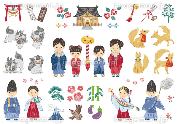 お正月イラスト 門松獅子舞凧の縁起物をのせた正月宝船