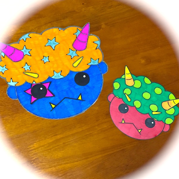 日本の鬼の仮面。節分のぬりえラインです。Premiumベクトル素材