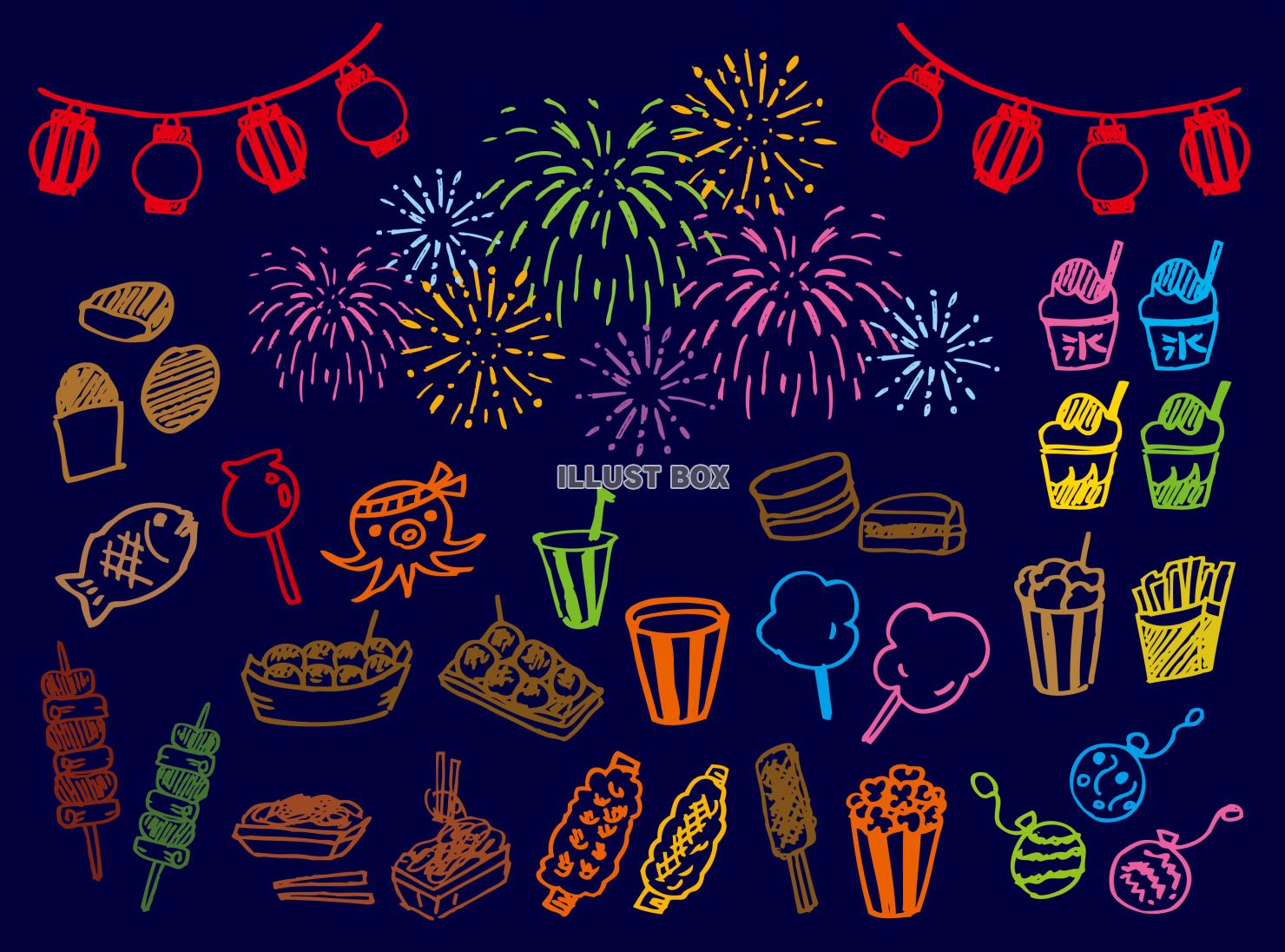 夏祭り・縁日 手描きゆるイラストセット 白黒の Stock ベクターAdobe Stock