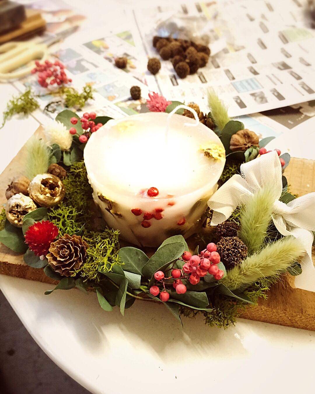 大人色のクリスマスキャンドルリース☆クリスマスリース☆ドライフラワーリース