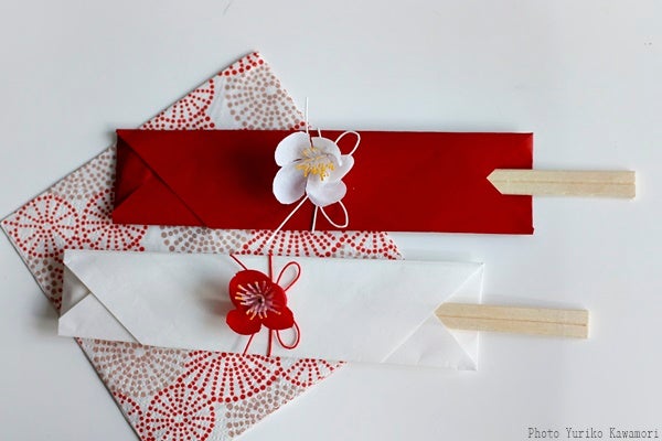 水引梅結びの手作りプレゼントラッピング 箸のギフトに利用