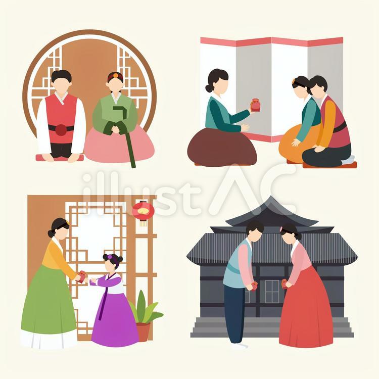 韓国の旧正月を記念したお祭りコンセプトのイラストデザインPremiumベクトル素材