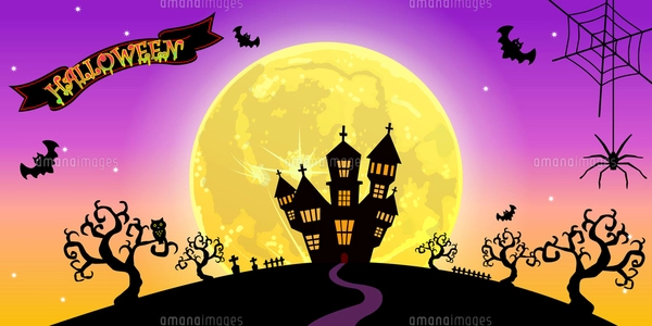 フリーイラスト三日月と魔女の家のハロウィン背景パブリックドメインQ：著作権フリー画像素材集