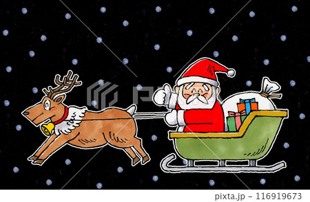 クリスマス☆ソリ☆サンタクロース トナカイ サンタとトナカイとプレゼントを積んだソリの