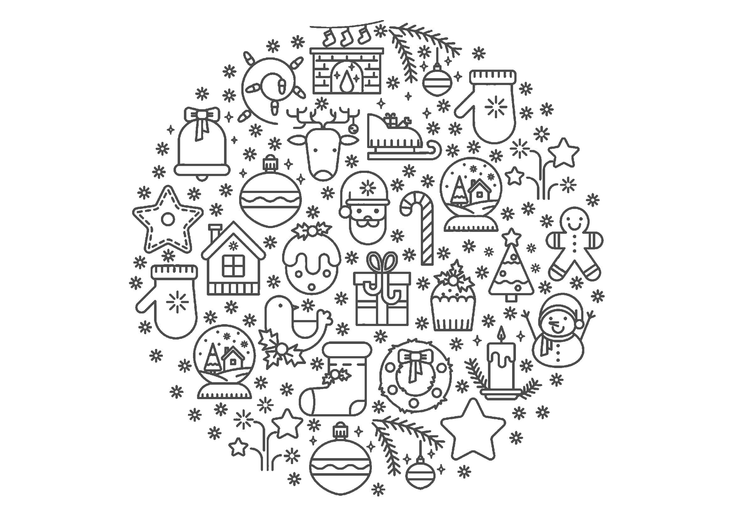 クリスマス気分を盛り上げる、楽しい飾りがたくさんの素敵なクリスマスリースの塗り絵です。ぬりえラボ