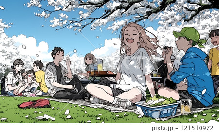 桜を花見をしながら宴会をする９人家族 無料イラスト素材Good