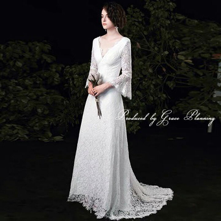 ウェディングドレス ロングドレス プリンセスラインドレス ベルスリーブ 二次会 結婚式 前撮り 花嫁 ウエディング