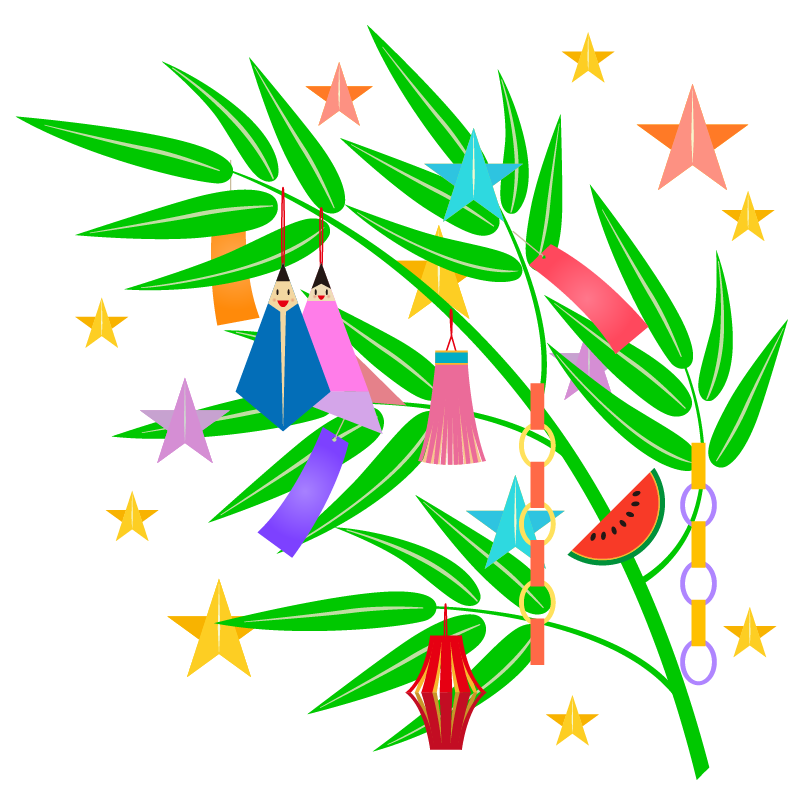 七夕・笹の葉と短冊と星のイラストフリー素材 イラストミント