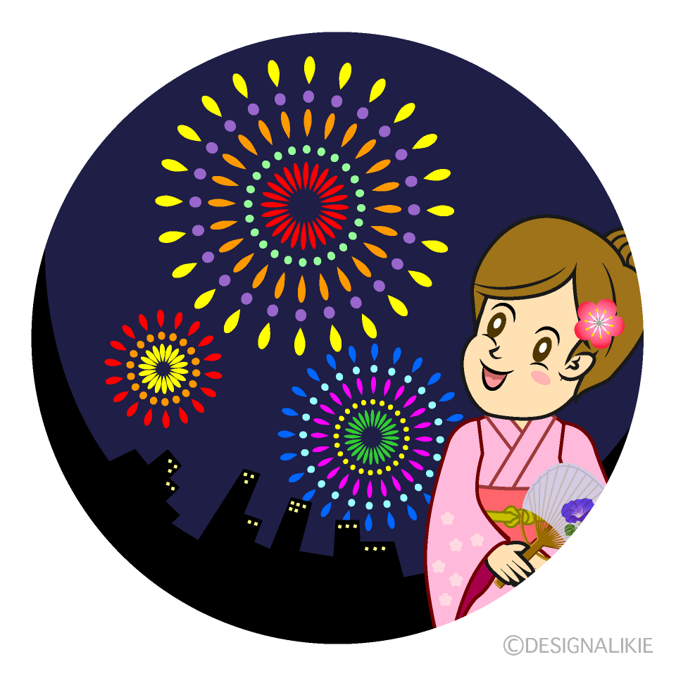 花火大会で浴衣を着てデートするカップルの無料イラストイラストセンタ