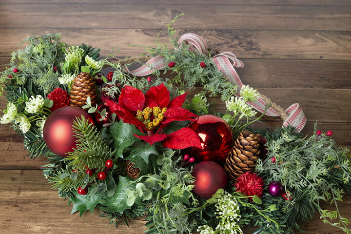 送料無料 ポインセチアが華やかなクリスマススワッグ 横長スワッグ アーティフィシャルフラワー