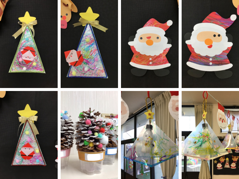 保育園 12月壁面製作 紙皿や折り紙サンタのクリスマスツリー保育士のお仕事静岡