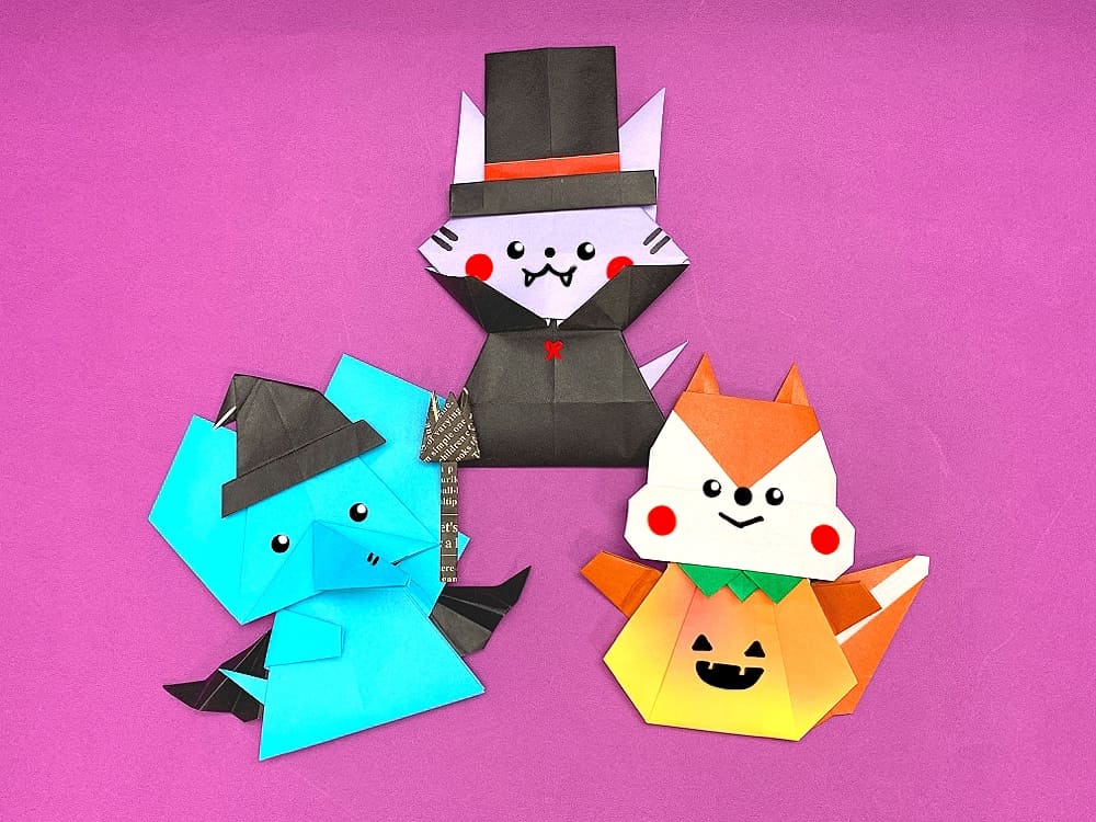 ハロウィンの楽しみ方：可愛い折り紙でかぼちゃ、おばけ、コウモリ、魔法のステッキを手作りしよう！Origami Halloween PumpkinGhost Batshigeyuki.net