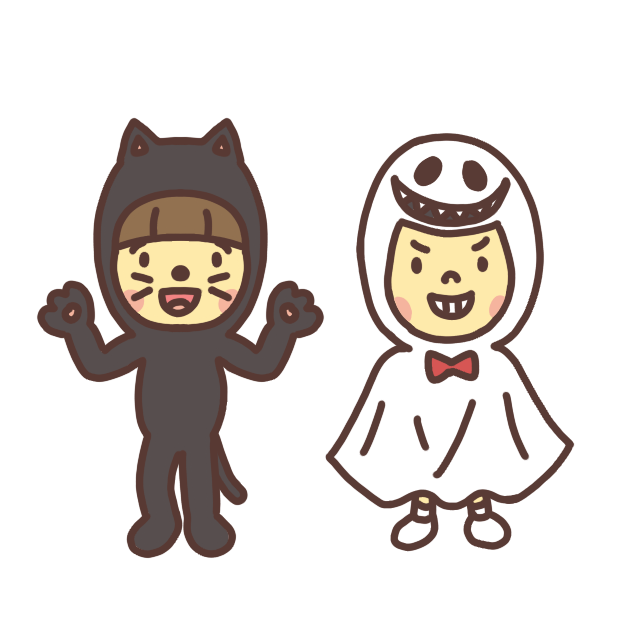 仮装した子どもと「HAPPY HALLOWEEN」の文字イラスト無料のフリー素材 イラストエイト