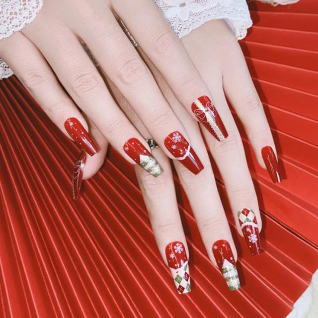 世界有名な ネイルチップ クリスマス クリスマスツリー デザイン ロング ネイルチップ・付け爪 - ネイルチップ・付け爪