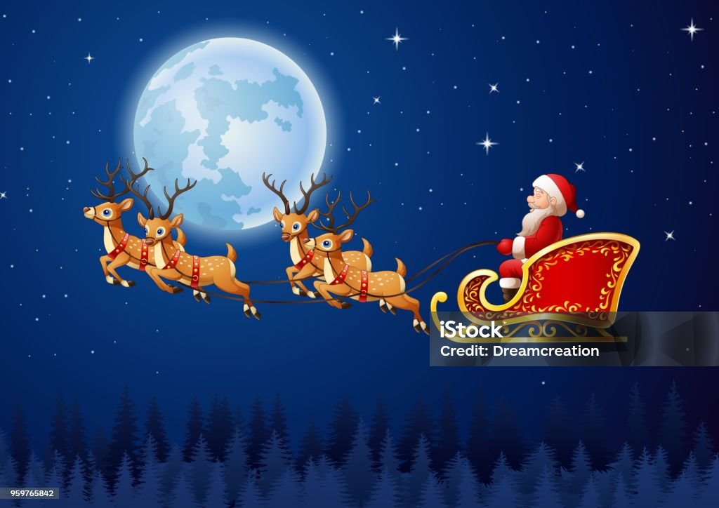 サンタ クロースの乗る空飛ぶトナカイのそり - サンタクロースのベクターアート素材や画像を多数ご用意 - サンタクロース, シカ, 動物のそり -iStock
