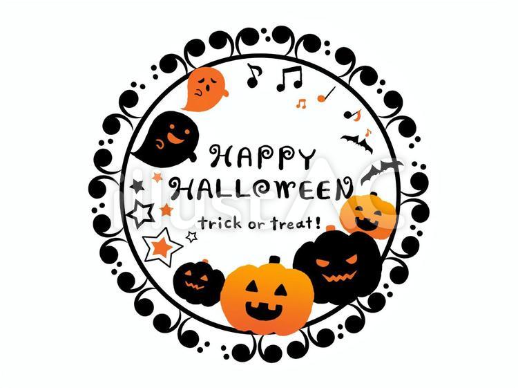 Halloween ハロウィン コウモリのイラスト 円形ロゴ 黒