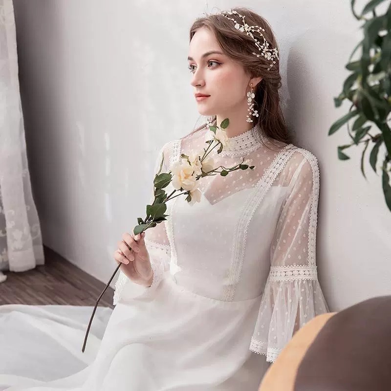 ベルスリーブ ウェディングドレス Vネック スレンダー レース 白