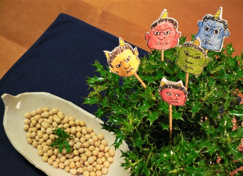 木製 月飾りオブジェ ２月 節分 鬼の気持ち～鬼と枡 季節行事 豆まき インテリア 置物～つながって