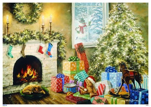 リビングルームのライトが付いた暖炉のそばに飾りが付いたクリスマスツリーPremium AI生成画像