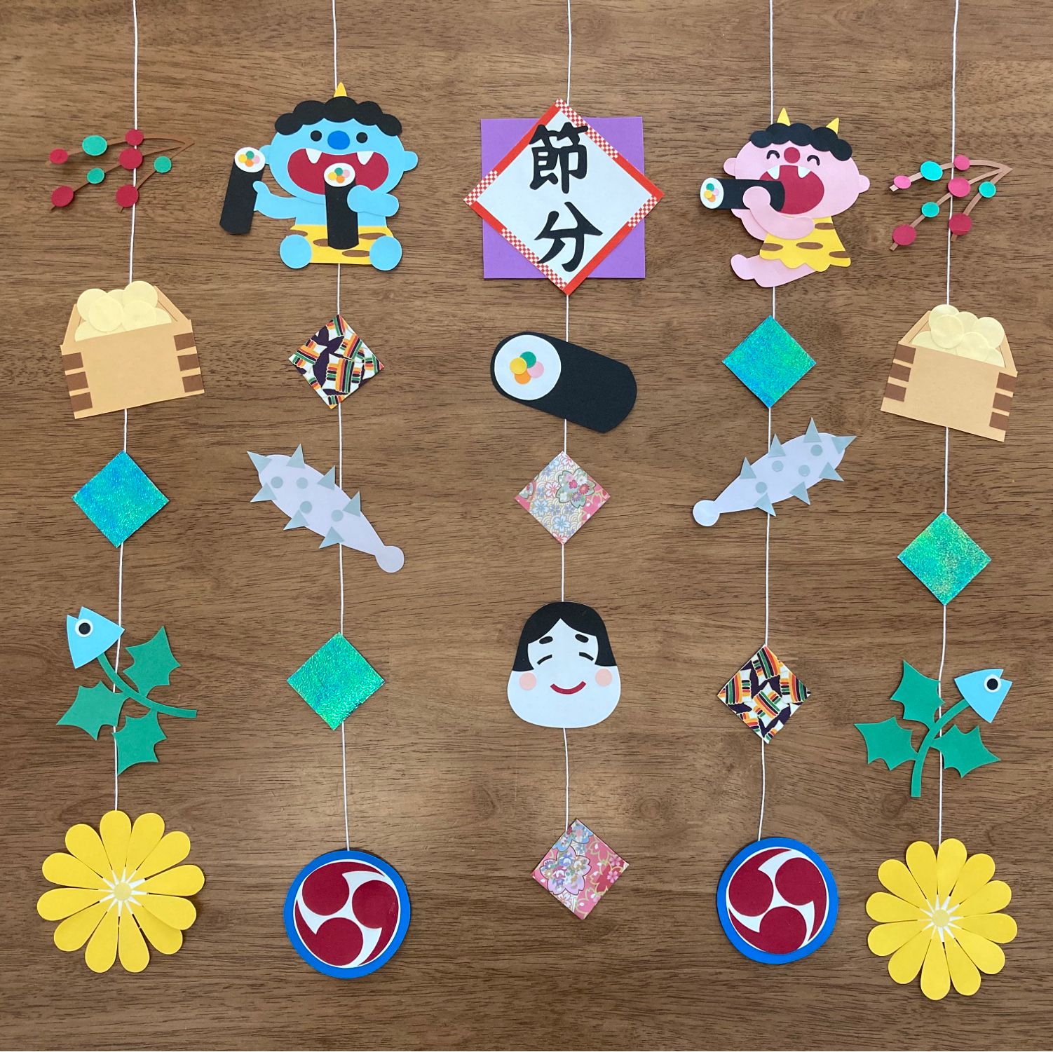 せつぶん 壁面飾り 手作り紙工作「豆枡と柊鰯」で節分をテーマ