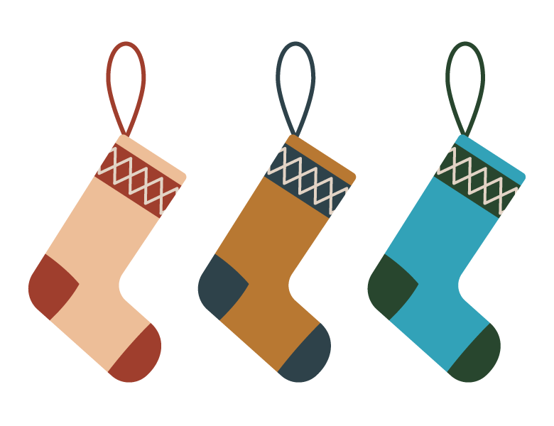 靴下とクリスマスプレゼント、ツリーのイラスト：イラスト無料