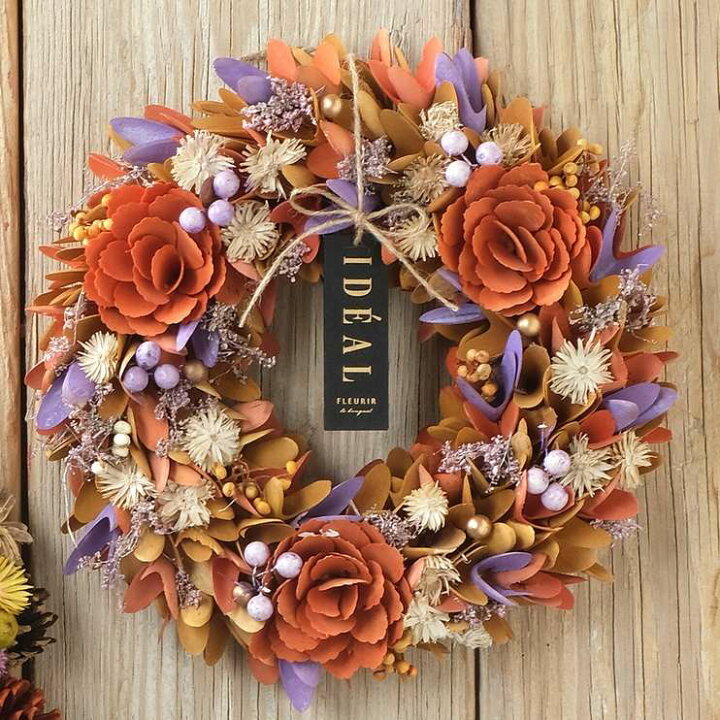 48cm リース かぼちゃ パンプキン ローズ バラ 玄関 北欧 おしゃれ ナチュラル ハロウィーン ドライフラワー 部屋 手作り ハロウィン