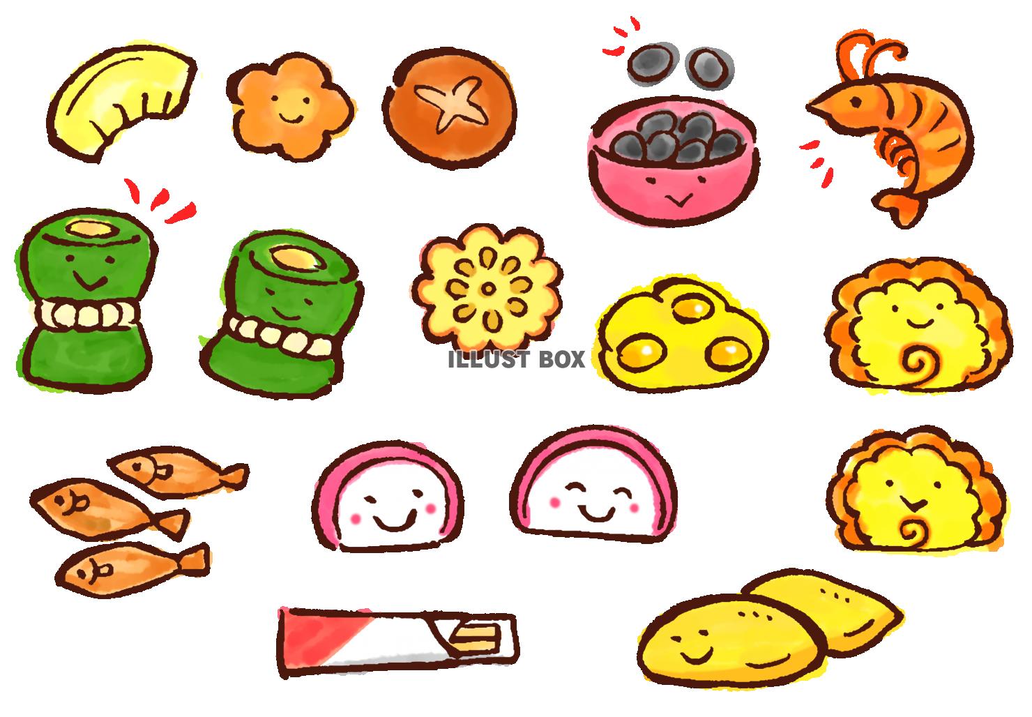 お正月に!おせちが食べられるイラスト素材です。おせちをこの角度で見せたかっ