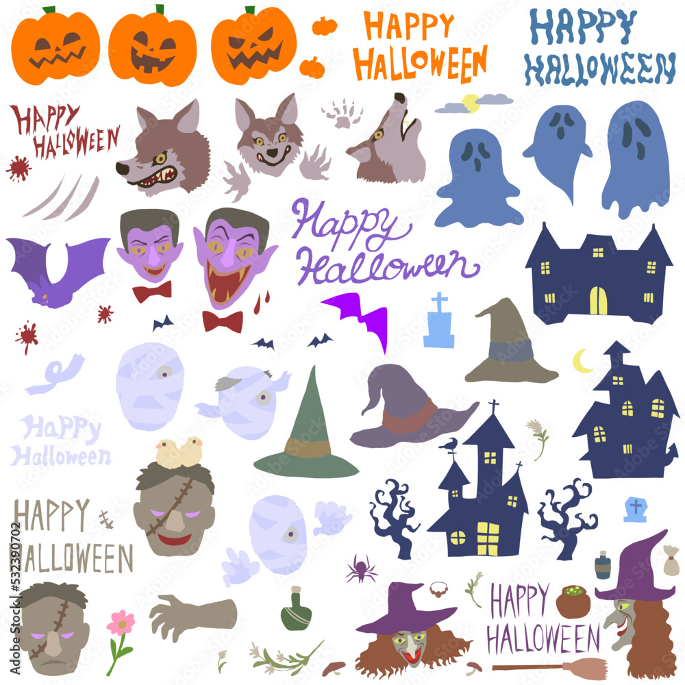 面白いハロウィーンの怪物。可愛くて怖いモンスターの顔の目と口。奇妙な生き物のマスコットの文字ベクトル イラスト セット ストックベクター©tartila.stock.gmail.com 209444760