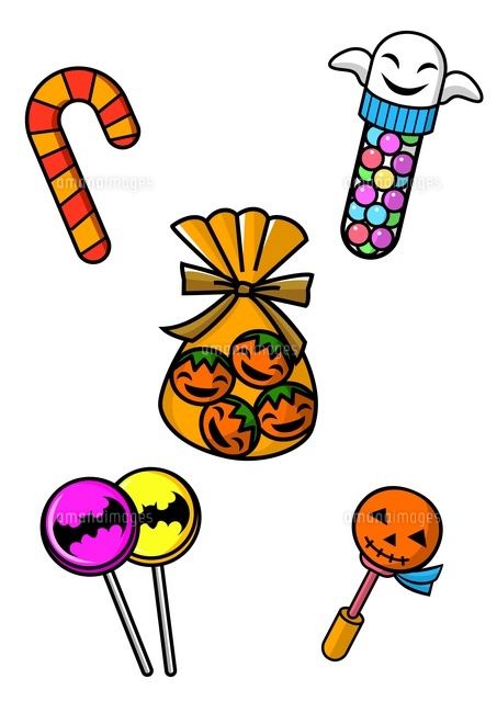 ハロウィーン パーティーのカラフルなお菓子カップケーキ キャンディー ゼリー豆クッキー ケーキお菓子ベクトル図です。のイラスト素材・ベクターImage 87746387