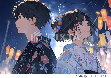 縁日と花火を浴衣で楽しむカップル 02940000026 の写真・イラスト素材アマナイメージズ