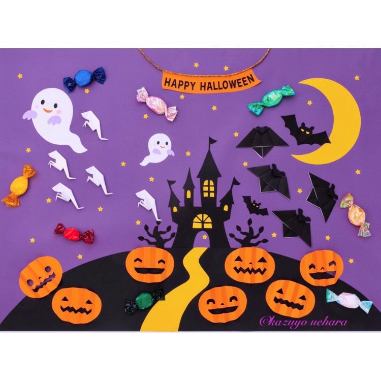 壁面飾り 大きめハロウィンパレード 以前上げたハロウィン壁面をリメイク🎃 丸モチーフでコロンとかわいいハロウィン🍭👻😈壁面製作壁面飾り保育壁面壁面作品保育園幼稚園保育士幼稚園教諭介護9月壁面10月壁面秋の壁面ハロウィンハロウィン