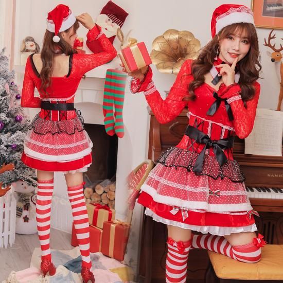 選べる全9種 サンタコスプレ衣装長袖 トップス スカート パンツ ポンチョフード 赤 黒 レディース