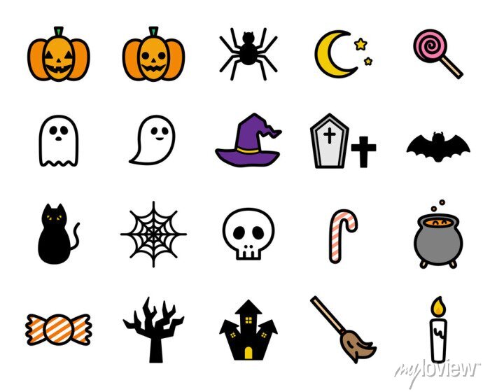 怖くない手描きのハロウィンのイラストと文字の素材セット - おばけやかぼちゃなどのかわいいハロウィンの飾りの素材 Stock VectorAdobe Stock