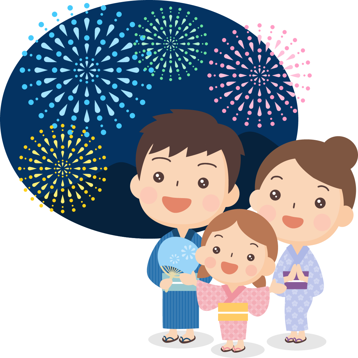 夏祭りのイラスト 打ち上げ花火を眺める浴衣姿の家族無料フリーイラスト素材集 Frame illust