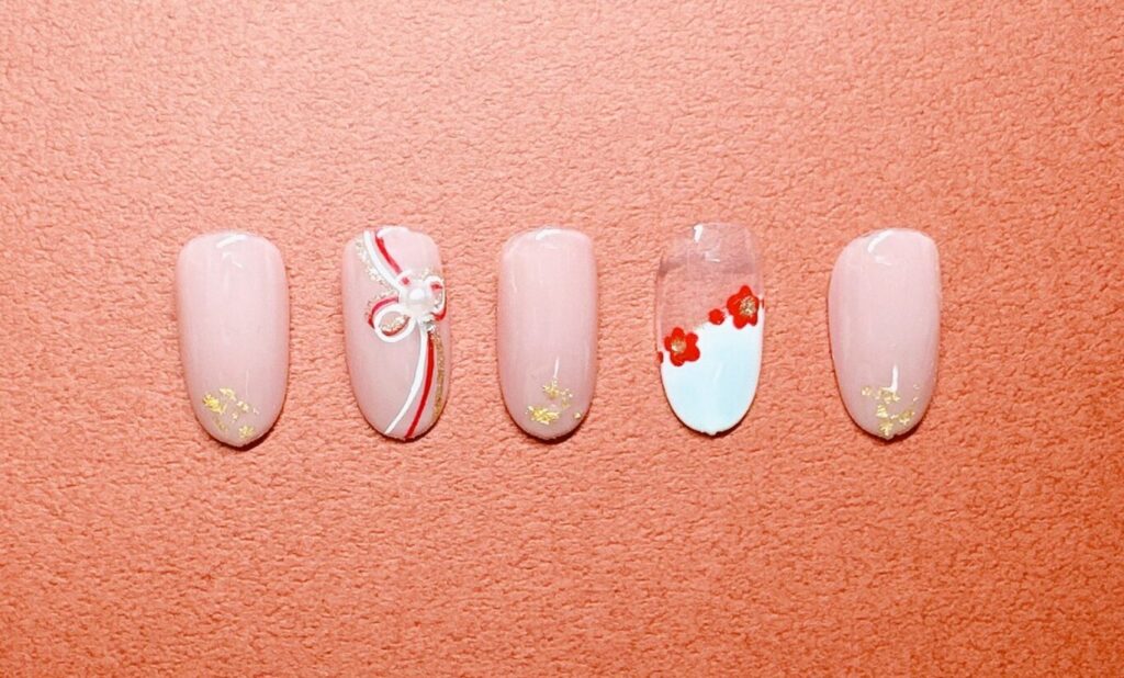 お客様nail｡*・ﾟお正月ネイル水引ネイル .ネイル 名古屋ネイルパラジェル フィルイン名古屋パラジェルパラジェル認定サロンシンプルネイル 大人ネイルオフィスネイル きれいめネイルワンカラーネイル ニュアンスネイルトレンドネイル ラメネイル