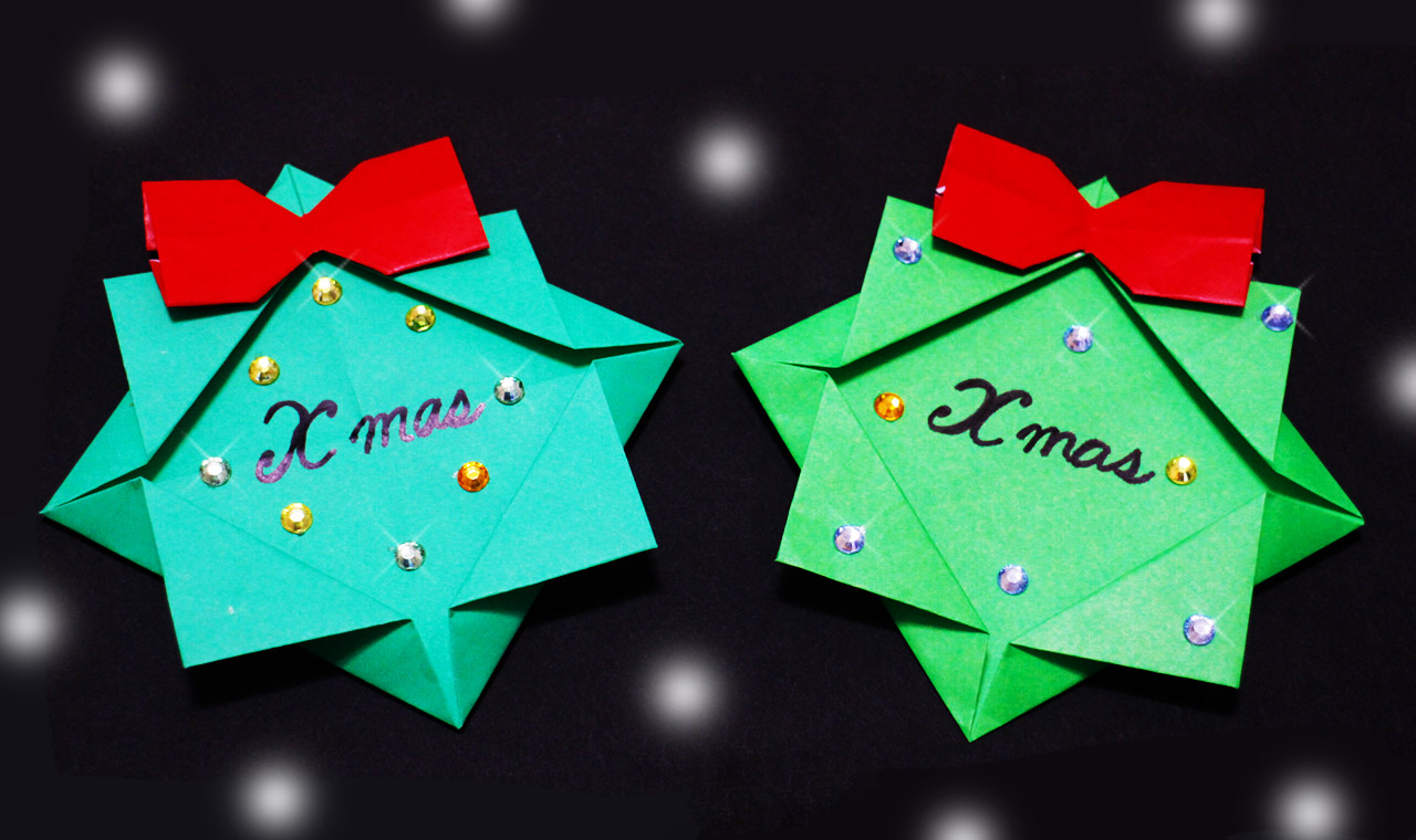 折り紙 クリスマスリースの簡単な作り方～How to make an easy origami christmas wreath～簡単折り紙教室