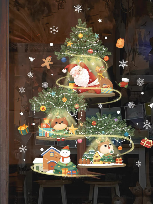 新着 HOTIYOK クリスマス ステッカー 父のクリスマス 小鹿の雪だるま 窓ガラス クリスマスシール ウォールステッカ