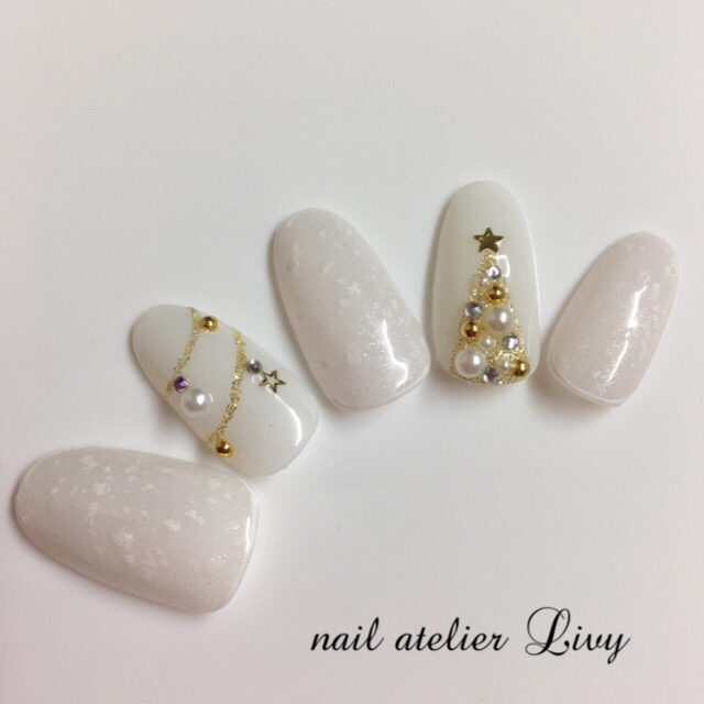 ホワイトツイードのクリスマスネイル- ネイルチップ専門店ミチネイル