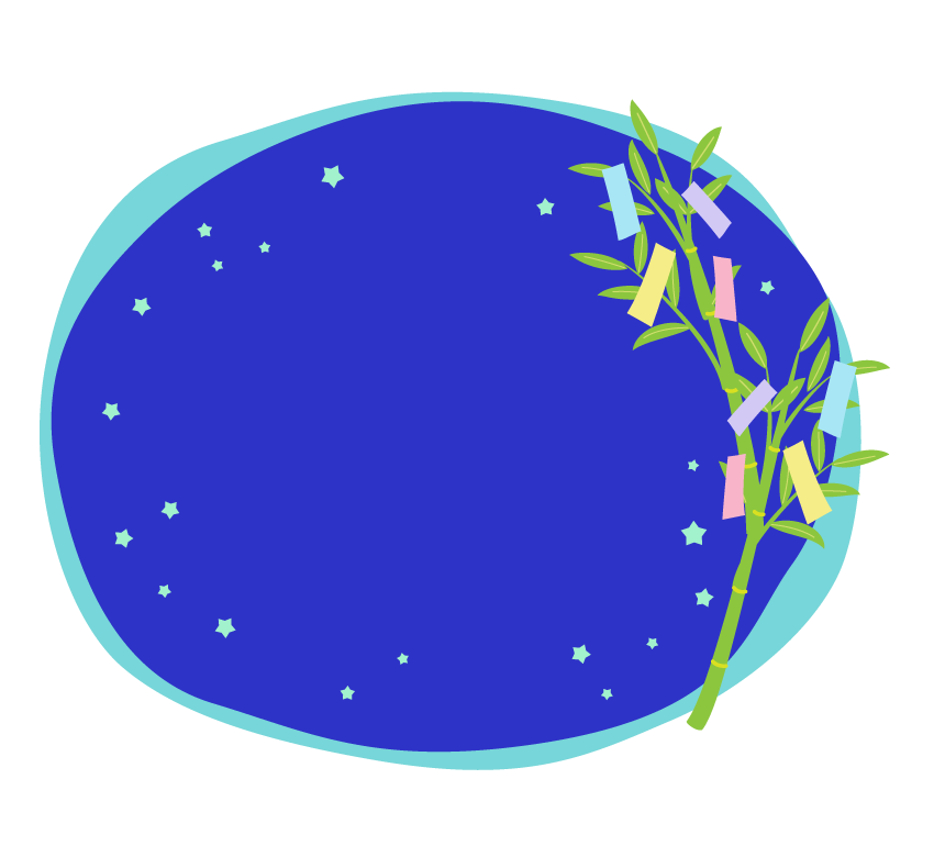 左右の七夕飾りと紺色と紫色の重ねフレーム・枠イラストフリー素材 イラストミント