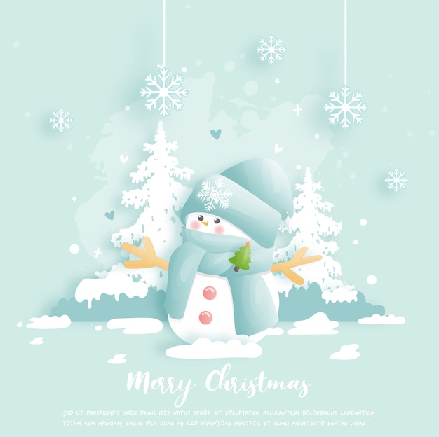 クリスマスカードテンプレート「サンタと雪だるまとプレゼント」ダウンロード