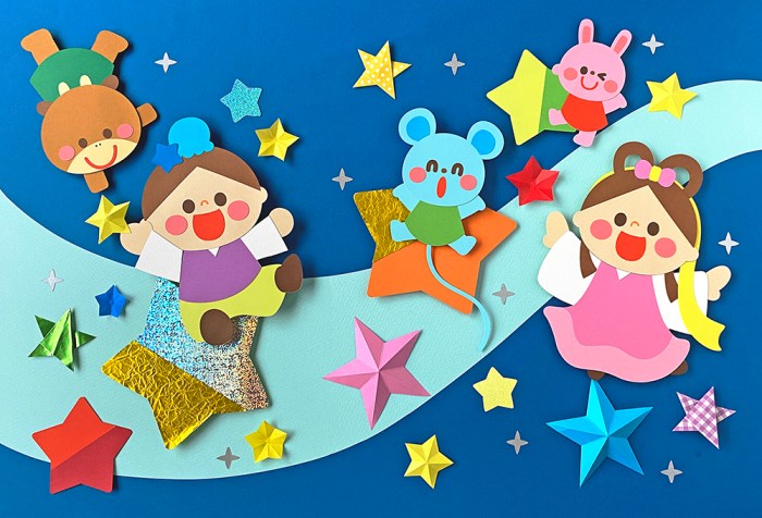 壁面飾り工房本店 壁面装飾・パネルシアター・ペープサート・型紙・知育・保育・介護商品の販売☆壁面飾り工房横200cm 「七夕の夜空で」７月 夏 織姫 彦星 笹 幼稚園 保育園 学校 病院 施設 知育 壁面装飾 型紙 製作☆